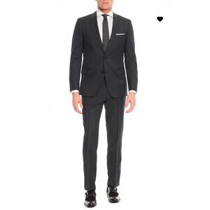 Hugo Boss Suit 42R Mens Solid Dark Grey Virgin Wool Slim Fit Huge Genius 2 Piece